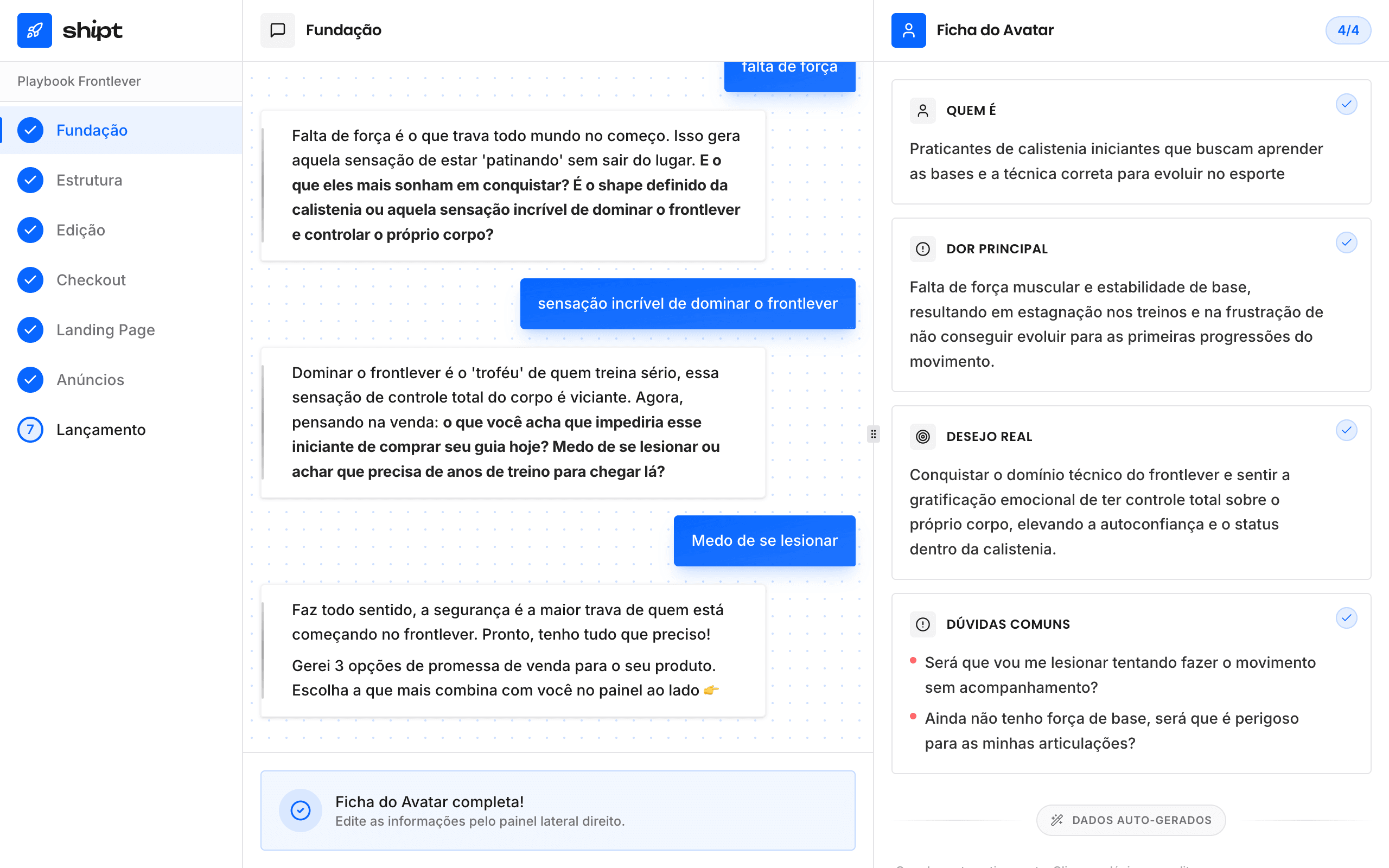 Plataforma shipt — chat de fundação com ficha do avatar